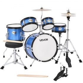   VEVOR gyerek dobkészlet, 5 darabos 14 hüvelykes / 355,6 mm-es junior dobkészletek, kezdő dobkészlet állítható székkel és két pár dobverővel, zenei tanulási dobkészlet hangszerekhez, 6-13 éves gyermekeknek (kék)