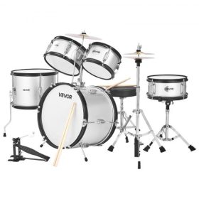   VEVOR gyerek dobfelszerelés, 5 darabos 16 hüvelykes / 406,4 mm-es junior dobfelszerelések, kezdő dobfelszerelés állítható székkel és két pár dobverővel, zenei tanuláshoz szükséges dobfelszerelés, 6-13 éves gyermekek számára (ezüst