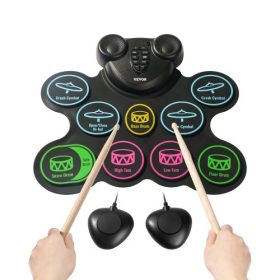   VEVOR elektromos dobfelszerelés, 9 pad, feltekerhető dob gyakorló pad, elektronikus dobfelszerelés fejhallgató-csatlakozóval, dupla pedálok, dobverők, beépített dupla hangszórók, MIDI, hordozható hangszerjáték 3 éves kortól gyerek