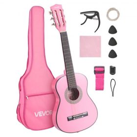   VEVOR klasszikus gitár, 780 mm, fa klasszikus gitár kezdőkészlet kezdőknek, nejlon húrokkal, puhatok, heveder, hangoló, extra húrok, pengetők, capo, hársfa, gyerekeknek, lányoknak, fiúknak, diákoknak, rózsaszín