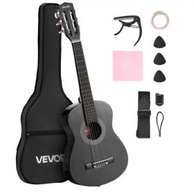   VEVOR klasszikus gitár, 780 mm, fa klasszikus gitár kezdőkészlet kezdőknek, nejlon húrokkal, puhatok, heveder, hangoló, extra húrok, pengetők, capo, hársfa, gyerekeknek, lányoknak, fiúknak, diákoknak, fekete