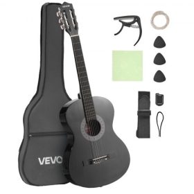   VEVOR klasszikus gitár, 960 mm, fa klasszikus gitár kezdőkészlet kezdőknek, nejlon húrokkal, puhatok, heveder, hangoló, extra húrok, pengetők, capo, hársfa, tinédzsereknek, felnőtteknek és diákoknak, fekete