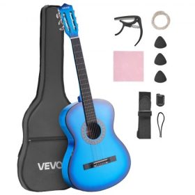   VEVOR klasszikus gitár, 960 mm, fa klasszikus gitár kezdőkészlet kezdőknek, nejlon húrokkal, puha tokkal, hevederrel, hangolóval, extra húrokkal, pengetőkkel, capo-val, hársfa, tinédzsereknek, felnőtteknek és diákoknak, kék