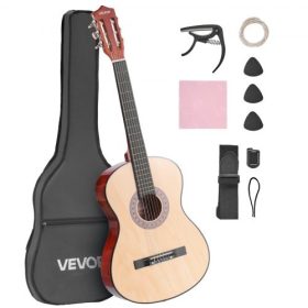   VEVOR klasszikus gitár, 960 mm, fa klasszikus gitár kezdőkészlet kezdőknek, nejlon húrokkal, puhatokkal, hevederrel, hangolóval, extra húrokkal, pengetőkkel, capo-val, hársfa, tinédzsereknek, felnőtteknek, diákoknak, natúr