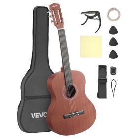   VEVOR klasszikus gitár, 900 mm, fa klasszikus gitár kezdőkészlet kezdőknek, nejlon húrokkal, puhatokkal, hevederrel, hangolóval, extra húrokkal, pengetőkkel, capoval, sapele és rózsafával, gyerekeknek, lányoknak, fiúknak, natúr