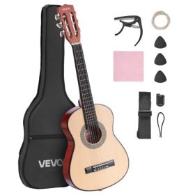  VEVOR klasszikus gitár, 780 mm, fa klasszikus gitár kezdőkészlet kezdőknek, nejlon húrokkal, puhatok, heveder, hangoló, extra húrok, pengetők, capo, hársfa, gyerekeknek, lányoknak, fiúknak, diákoknak, natúr