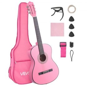   VEVOR klasszikus gitár, 960 mm, fa klasszikus gitár kezdőkészlet kezdőknek, nejlon húrokkal, puha tokkal, hevederrel, hangolóval, extra húrokkal, pengetőkkel, capo-val, hársfa, tinédzsereknek, felnőtteknek és diákoknak, rózsaszín