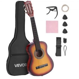   VEVOR klasszikus gitár, 780 mm, fa klasszikus gitár kezdőkészlet kezdőknek, nejlon húrokkal, puhatokkal, hevederrel, hangolóval, extra húrokkal, pengetőkkel, capo-val, hársfa, gyerekeknek, lányoknak, fiúknak, diákoknak, napkitörés
