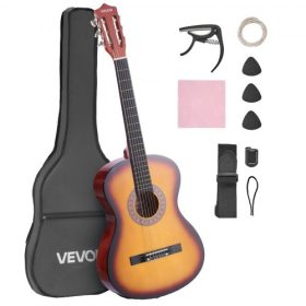   VEVOR klasszikus gitár, 960 mm, fa klasszikus gitár kezdőkészlet kezdőknek, nejlon húrokkal, puhatokkal, hevederrel, hangolóval, extra húrokkal, pengetővel, capo-val, hársfa, tinédzsereknek, felnőtteknek, diákoknak, napkitörés szí