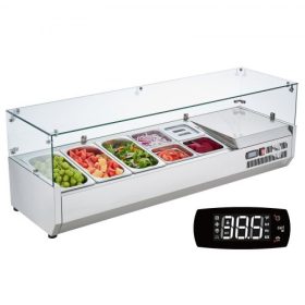   VEVOR hűtött fűszerkészítő állomás, 150 W-os pulton elhelyezhető hűtött fűszerkészítő állomás, 3 1/3 és 4 1/6 tálcával, 304-es rozsdamentes acél test és PC fedél, szendvicskészítő asztal üvegvédővel, CE minősítéssel