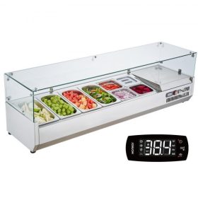   VEVOR hűtött fűszerkészítő állomás, 155 W-os pulton elhelyezhető hűtött fűszerkészítő állomás, 4 1/3 és 4 1/6 tálcával, 304 rozsdamentes acél test és PC fedél, szendvicskészítő asztal üvegvédővel, CE minősítéssel