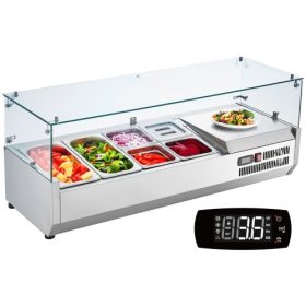   VEVOR hűtött fűszerkészítő állomás, 140 W-os pulton elhelyezhető hűtött fűszerkészítő állomás, 2 1/3 és 4 1/6 tálcával, 304 rozsdamentes acél test és PC fedél, szendvicskészítő asztal üvegvédővel, CE minősítéssel