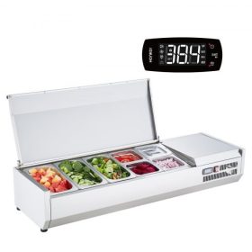   VEVOR hűtött fűszerkészítő állomás, 150 W-os pulton elhelyezhető hűtött fűszerkészítő állomás, 3 1/3 és 4 1/6 tálcával, 304 rozsdamentes acél test és PC fedél, szendvicskészítő asztal rozsdamentes védőburkolattal, CE minősítéssel