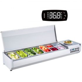   VEVOR hűtött fűszerkészítő állomás, 165 W-os pulton elhelyezhető hűtött fűszerkészítő állomás, 5 1/3 és 4 1/6 tálcával, 304 rozsdamentes acél test és PC fedél, szendvicskészítő asztal rozsdamentes védőburkolattal, CE minősítéssel