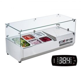   VEVOR hűtött fűszerkészítő állomás, 140 W-os pulton elhelyezhető hűtött fűszerkészítő állomás, 1 1/3 és 4 1/6 tálcával, 304 rozsdamentes acél test és PC fedél, szendvicskészítő asztal üvegvédővel, CE minősítéssel