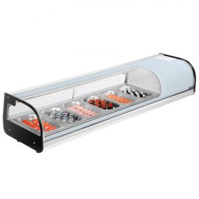   VEVOR Sushi Vitrin Hűtőszekrény, 62L Kereskedelmi Sushi Vitrin, 6 Serpenyős Pultvitrin Ívelt Üveggel, LED Megvilágítással és Digitális Hőmérséklet Szabályozással, Sushi Bár Pulthoz, Étterembe, Üzletbe