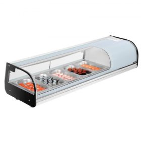   VEVOR Sushi Vitrin Hűtőszekrény, 52L Kereskedelmi Sushi Vitrin, 5 Serpenyős Pultvitrin Ívelt Üveggel, LED Megvilágítással és Digitális Hőmérséklet Szabályozással, Sushi Bár Pulthoz, Étterembe, Üzletbe
