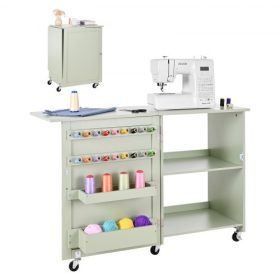   VEVOR Összecsukható Varróasztal, Többcélú Varrógépasztal Kompakt Kialakítással, Kerekekkel, Fa Csapokkal, Tárolótálcákkal és Polccal, Mágneses Ajtózárral, Kézműves Állomással és Oldalsó Pulttal Otthonra, Világoszöld