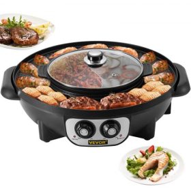   VEVOR 2 az 1-ben elektromos grill és forró edény, 2200 W-os BBQ serpenyős grill és forró edény, multifunkcionális teppanyaki grill kettős hőmérséklet-szabályozással, füstmentes forró edény grill tapadásmentes bevonattal 1-8 fő szá