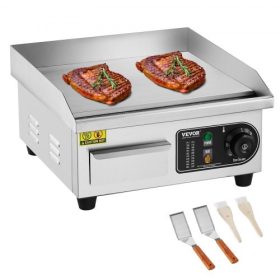   VEVOR kereskedelmi elektromos grillsütő, 2000 W-os pultra helyezhető lapos tetejű grillsütő, 122℉-572 ℉ állítható hőmérséklet, 14,17 x 11,81 x 0,39 hüvelykes rozsdamentes acél grillsütő 2 lapáttal és 2 kefével otthonra vagy étterm