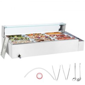   VEVOR 9 serpenyős kereskedelmi ételmelegítő, 9 x 5QT elektromos gőzasztal üvegfedővel, 1500W-os pulton elhelyezhető rozsdamentes acél büfé Bain Marie 86-185°F hőmérséklet-szabályozás vendéglátáshoz, éttermekhez, ezüst
