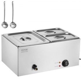   VEVOR kereskedelmi ételmelegítő, 3 serpenyős elektromos gőzasztal, 1200 W-os professzionális pulton elhelyezhető rozsdamentes acél büfé Bain Marie 30-85°C hőmérséklet-szabályozással vendéglátáshoz, büfékbe, partikra, éttermekbe