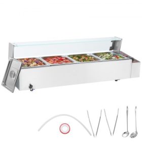   VEVOR 4 serpenyős kereskedelmi ételmelegítő, 4 x 8QT elektromos gőzasztal üvegfedővel, 1500W-os pulton elhelyezhető rozsdamentes acél büfé Bain Marie 86-185°F hőmérséklet-szabályozás vendéglátáshoz, éttermekhez, ezüst
