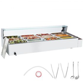  VEVOR 12 serpenyős kereskedelmi ételmelegítő, 12 x 5QT elektromos gőzasztal üvegfedővel, 1700W-os pulton elhelyezhető rozsdamentes acél büfé Bain Marie 86-185°F hőmérséklet-szabályozás vendéglátáshoz, éttermekhez, ezüst