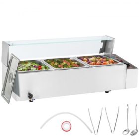   VEVOR 3 serpenyős kereskedelmi ételmelegítő, 3 x 8QT elektromos gőzasztal üvegfedővel, 1500W-os pulton elhelyezhető rozsdamentes acél büfé Bain Marie 86-185°F hőmérséklet-szabályozás vendéglátáshoz, éttermekhez, ezüst