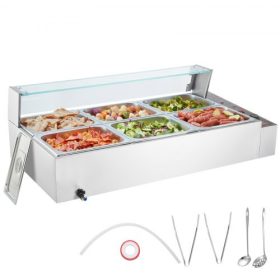   VEVOR 6 serpenyős kereskedelmi ételmelegítő, 6 x 8QT elektromos gőzasztal üvegfedővel, 1500W-os pulton elhelyezhető rozsdamentes acél büfé Bain Marie 86-185°F hőmérséklet-szabályozás vendéglátáshoz, éttermekhez, ezüst