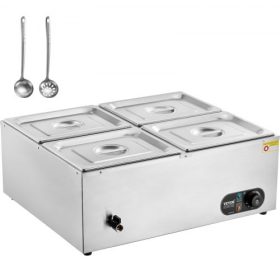   VEVOR 4 serpenyős kereskedelmi ételmelegítő, 4 x 8QT elektromos gőzasztal, 1500W professzionális pulton elhelyezhető rozsdamentes acél büfé Bain Marie 86-185°F hőmérséklet-szabályozással vendéglátáshoz és éttermekhez, ezüst