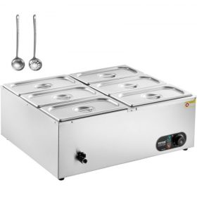   VEVOR 6 serpenyős kereskedelmi ételmelegítő, 6 x 5QT elektromos gőzasztal, 1500W professzionális, pulton elhelyezhető rozsdamentes acél büfé Bain Marie 86-185°F hőmérséklet-szabályozással vendéglátáshoz és éttermekhez, ezüst