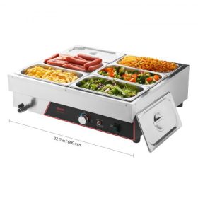   VEVOR kereskedelmi ételmelegítő, 1500 W-os elektromos rozsdamentes acél gőzölős ételmelegítő fedéllel, 6 serpenyős gyorsmelegítő pulton elhelyezhető büfé Bain Marie tápkábellel, vendéglátáshoz, éttermekhez, partikhoz és büfékhez