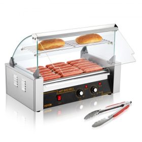   VEVOR elektromos 18 hot dog sütő, 7 görgős grillsütő, hátfal és polc, 1,4 kW