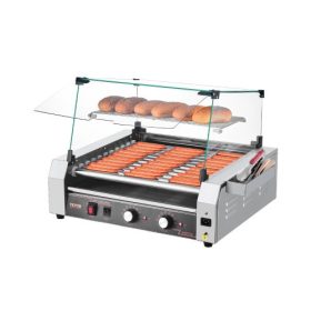   VEVOR hot dog görgő, 30 db 11 görgős hot dog sütő, rozsdamentes acél kolbászos grillsütő, 2200 W-os kereskedelmi hot dog készítő kettős hőmérséklet-szabályozással, fedéllel, oldalsó tárolódobozzal, kivehető polccal és olajcsepegte