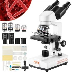   VEVOR binokuláris összetett mikroszkóp, 40X-2500X nagyítás, binokuláris összetett laboratóriumi mikroszkóp LED-es megvilágítással, kétrétegű mechanikus tárgyasztallal, telefontartóval és mikroszkóp tárgylemezekkel