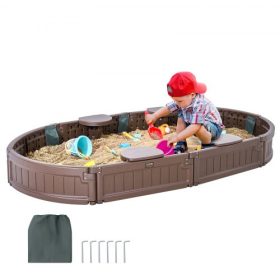   VEVOR homokozó fedéllel, 72 x 41,5 x 9,1 hüvelykes ovális homokozó, HDPE homokozó 4 sarokülővel és alsó béléssel, gyerekhomokozó kültéri hátsó udvarba, strandra, parkba, ajándék 3-12 éves fiúknak és lányoknak, barna