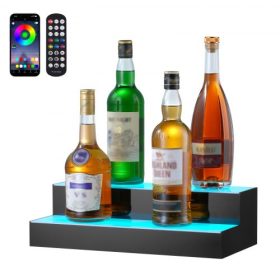   VEVOR LED-es világítású italosüveg-kijelző, 2 szintes, 16 hüvelykes, megvilágított bárpolc, 2 lépcsős whiskytartó állvány, akril italpolcok rádiófrekvenciás távirányítóval és alkalmazásvezérléssel, valamint többszínű világítással