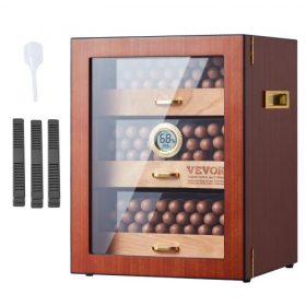   VEVOR Szivaros Humidor Szekrény, Kézzel Készített Spanyol Cédrusfából Készült Szivaros Humidor 100-150 Szivarhoz, Üveg Szivaros Asztali Tárolótok Digitális Párásítóval, Higrométerrel, Polcokkal és Nyéllel, Nagyszerű Ajándék Férfia
