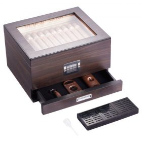   VEVOR Szivarhumidor, Üvegtetejű Szivarhumidor Doboz, Kézzel Készített Spanyol Cédrusfából Készült Asztali Szivardoboz, Szivartároló Doboz Párásítóval, Higrométerrel, Elválasztóval és Kiegészítő Fiókjával, 30-50 Szivar