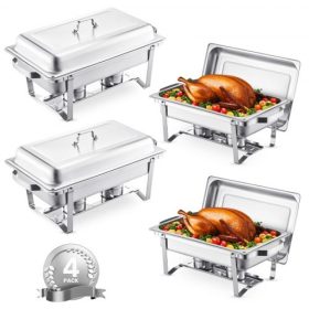   VEVOR Chafing Dish büfékészlet, 8 literes 4 darabos, rozsdamentes acél chafer 4 teljes méretű edénnyel, téglalap alakú vendéglátó melegítő szerver fedéllel, víztálca állvánnyal, üzemanyagtartóval, esküvőkre, partikra, bankettekre,