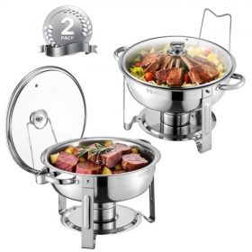   VEVOR Chafing Dish büfékészlet, 5 literes, 2 db-os csomag, rozsdamentes acél chafter 2 teljes méretű edénnyel, kerek vendéglátó melegítő szerver üvegfedéllel, vízedény összecsukható állvánnyal, üzemanyagtartóval, esküvői partihoz,