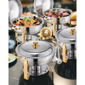   VEVOR Chafing Dish büfékészlet, 5 literes 4 darabos, rozsdamentes acél chafer 4 teljes méretű edénnyel, kerek vendéglátó melegítő szerver fedéllel, víztálca összecsukható állványcsipesszel, esküvőkre, partikra, bankettekre, arany