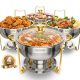 VEVOR Chafing Dish büfékészlet, 5 literes 4 darabos, rozsdamentes acél chafter 4 teljes méretű edénnyel, kerek vendéglátó melegítő szerver üvegfedéllel, vízedénnyel, összecsukható állvánnyal, üzemanyagtartóval, esküvői partihoz, a