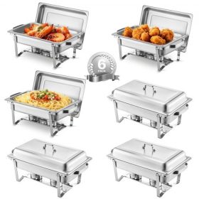   VEVOR Chafing Dish büfékészlet, 8 literes 6 darabos, rozsdamentes acél chafer 6 teljes méretű serpenyővel, téglalap alakú vendéglátó melegítő szerver fedéllel, víztálca állvánnyal, üzemanyagtartóval, esküvőkre, partikra, bankettek