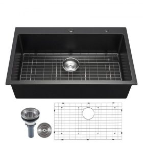   VEVOR 84 cm-es konyhai mosogató munkaállomás, felülről szerelhető gránit mosogatók, beépíthető, egymedencés farmház mosdó számos tartozékkal, háztartási mosogatógép mosogatók lakókocsihoz, előkészítő konyhához és bárhoz (fekete)
