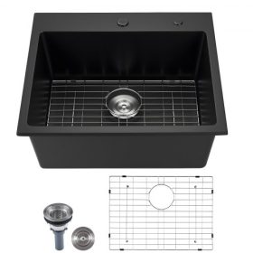  VEVOR 63 cm-es konyhai mosogató munkaállomás, felülről szerelhető gránit mosogatók, beépíthető, egymedencés farmház mosdó számos kiegészítővel, háztartási mosogatógép mosogatók lakókocsihoz, előkészítő konyhához és bárhoz (fekete)