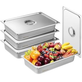   VEVOR 4 db-os hoteledények, teljes méretű, elakadásgátló gőzserpenyő fedővel, 0,8 mm vastag rozsdamentes acél gőzasztalos serpenyő, 4 hüvelyk mély kereskedelmi asztali serpenyő, vendéglátóipari tárolóedény, ipari és tudományos cél