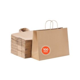   VEVOR Kraft papírzacskók fogantyúkkal, 100 db 16 x 6 x 12 hüvelykes, nagy papír élelmiszerzacskók, újrafelhasználható és újrahasznosított elviteles zacskók, sima partizacskó ömlesztett kiszerelésben születésnapra, esküvőre, üzleti