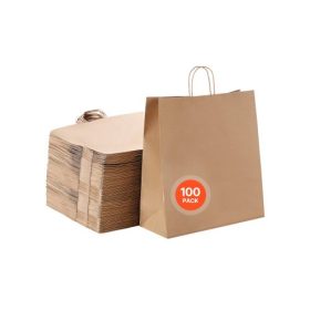   VEVOR Kraft papírzacskók fogantyúkkal, 100 db 18 x 7 x 19 hüvelykes, nagy papír élelmiszerzacskók, újrafelhasználható és 100%-ban újrahasznosított elviteles zacskók, sima partizacskó ömlesztett kiszerelésben születésnapra, esküvőr